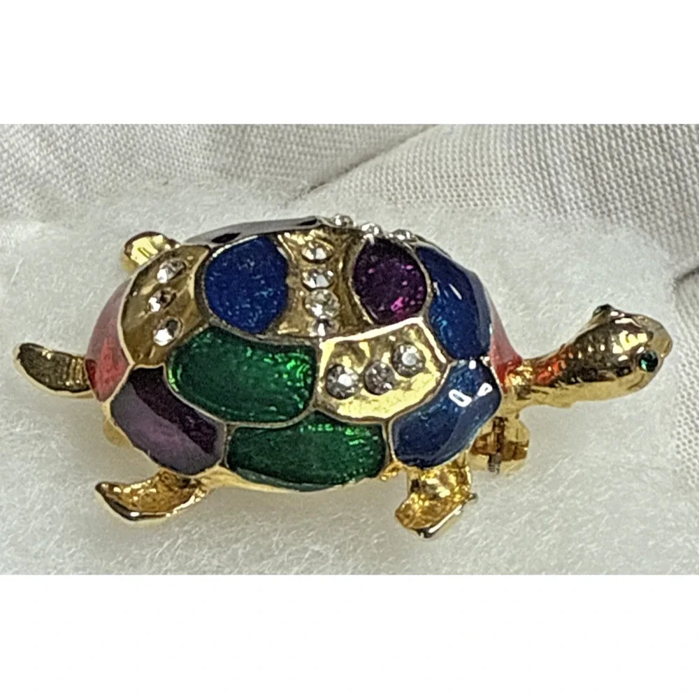 Vintage Rhinestone Guilloche Enamel Painted Turtle Tortoise Brooch Pin